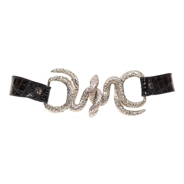 George Dorian 1970s Vintage Silver Figural Snake Buckle Black Leather Belt 