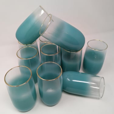 Vintage 60s Teal Blue Blendo Set of Twelve Glasses - Set of 12 Gold Rimmed Blendo Glasses 