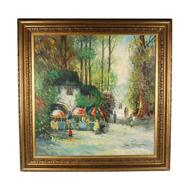 Charming Outdoor Cafe in Forest Midcentury Impressionist Oil Painting sgd Von Thongen 