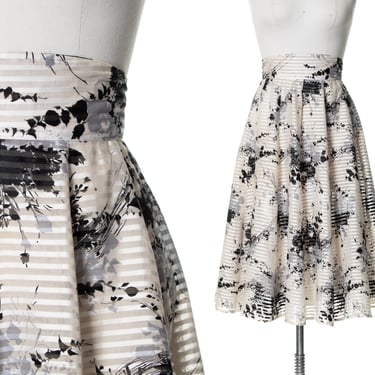 Vintage 1950s Skirt | 50s Floral Printed Cotton Voile Striped High Waisted White Black Full Swing Skirt with Tulle Petticoat (small) 