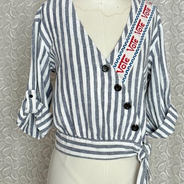 VOTE Upcycled Crop Top, Restyled OOAK, Ties at Waist, Pull Over Linen Blouse, Reworked Vintage 