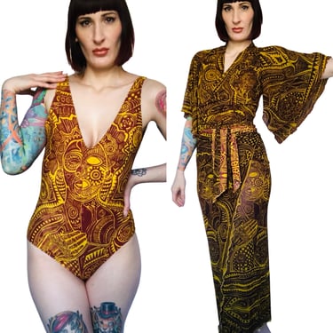 Jean Paul Gaultier Y2K Tribal Face Print Flutter Sleeve Mesh Illusion Wrap Dress Swimsuit Set - New with Tags - size Medium 