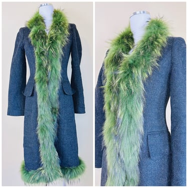 Y2K Identi Grey Wool and Green Princess Coat / Vintage Fur Trim Midi Length Coat / Small 