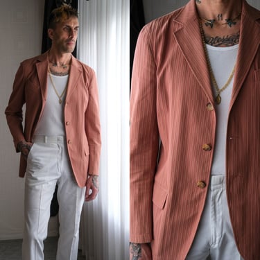 Vintage 90s GIANFRANCO FERRE Salmon Pink Unstructured Textured Stripe Three Button Blazer | Made in Italy | 1990s Designer Mens Sports Coat 