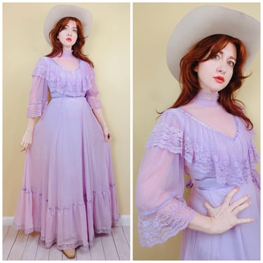 1970s Vintage Roberta Lavender Cotton Gauze Prairie Dress  70s Mesh Puffed Sleeve Western Victorian Dress / Small - Medium 