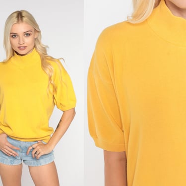 Yellow Knit Shirt 90s Mock Neck Sweater Top Retro Short Sleeve Sweater Mock Neck Blouse Basic Simple Plain Minimal Vintage 1990s Medium M 