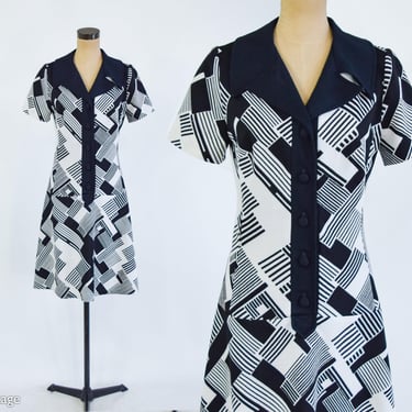 1960s Black White Geometric Print Dress | 60s Black Print Shift | Edith Flagg California | Medium 