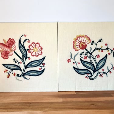 Pair of Crewel Floral Wall Hangings.  Vintage Cream Floral Embroidered Art Panels. Vintage Nursery Wall Decor. 