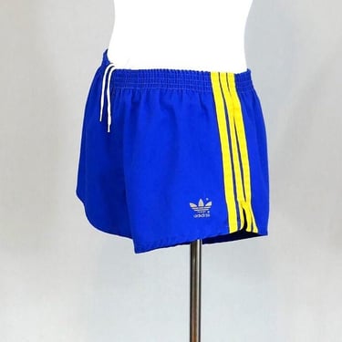 70s 80s Adidas Jogging Gym Shorts - Drawstring Waist, Three Stripes, Lined, Trefoil Logo, made in USA - Blue Yellow - Vintage 1970s 1980s M 