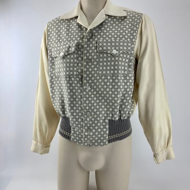 1940'S 2-Tone Gaucho - La Play'a by Marlboro - Rayon Gabardine - Woven Check Front Panel - Loop Collar - Flap Patch Pockets - Men's Medium 