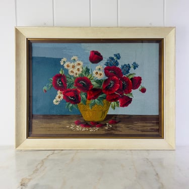 Vintage 1940s Large Scale Floral Framed Needlepoint, Wildflowers by Jean Macintosh, red poppies daisies, framed art, vintage home decor 
