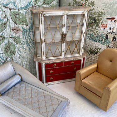 Vintage Ideal Petite Princess Lot Of 3, Chaise, Easy Chair, MCM Hutch With Red Drawers, Dollhouse Furniture, Hollywood Regency Miniatures 