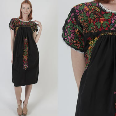 Black Cotton Oaxacan Dress San Antonio Heavily Hand Embroidered Traditonal Jalisco Frock From Mexico 