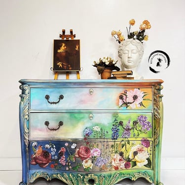 Eclectic lowboy hand Painted Fairy tale  Inspired Dresser with a Transfer. Bedroom Storage. Colorful Entryway chest of drawers . Whimsical D 