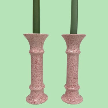 Vintage Candlestick Holders Retro 1980s Contemporary + Pink + Speckled + Ceramic + Set of 2 + Candle Display + Modern Home Decor + Lighting 