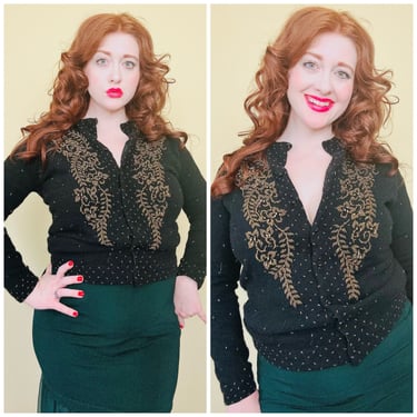 1950s Vintage Wool Gold Beaded Cardigan / 50s Bombshell Floral / Heavily Beaded Knit Sweater Black / Size Medium - Large 
