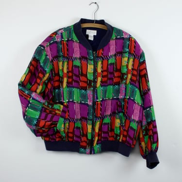 Vintage 90s Silk Bomber Jacket - Lightweight - Funky Abstract Colorful Pattern - K Arnold 