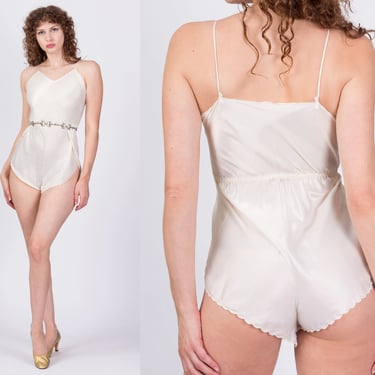 70s Ivory Satin Lingerie Teddy - Petite Extra Small | Vintage High Hip One Piece Sexy Bodysuit 