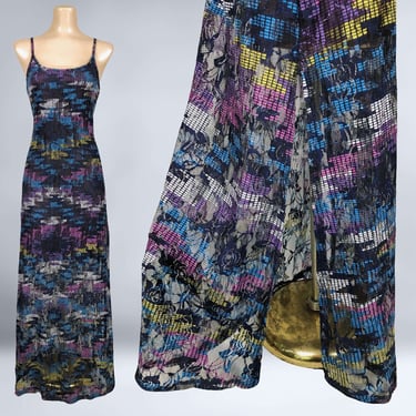 VINTAGE 90s Y2K Sheer Layered Mesh Maxi Dress with Strappy Back | 1990s Digital Print Stretch Mesh Grunge Dress | VFG 