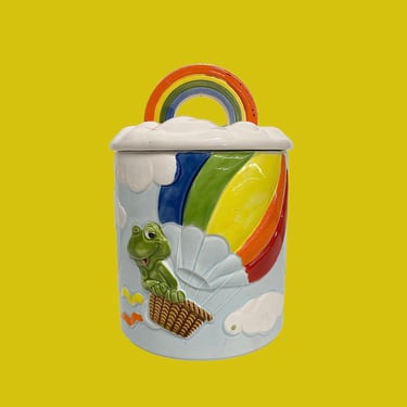 Vintage Frog Canister Retro 1980s Enesco + Rainbow + Clouds + Hot Air Balloon + Ceramic + Kitchen Storage + Cookie Jar + Made in Japan 
