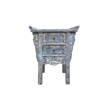 Distressed Pale Blue Grey 2 Drawers Carved Motif End Table Nightstand ws4436E 