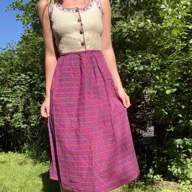 Vintage 70s Embroidered Plaid Linen Dirndl Dress Austrian Bavarian Small Medium by TimeBa