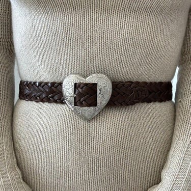 Vintage 1990s Womens Brown Braided Rope Hippie Waist Belt Heart Buckle Sz S/M 