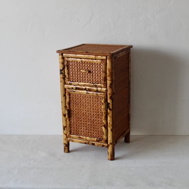 Vintage Burnt "Tortoise Shell" Style Bamboo Nightstand Cabinet Side Table 