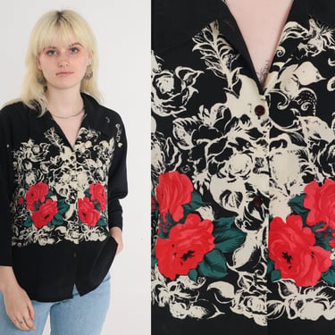 Rose Print Top 80s Black Floral Blouse Button Up Flower Shirt Bohemian Summer 3/4 Sleeve Collared Abstract Pattern Vintage 1980s Medium M 