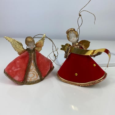 Vintage 1950s Wax Head Paper Velvet Mini Christmas Angel Tree Topper Set of 2, Koestel Made in Western Germany Ornament Figurine Decoration 