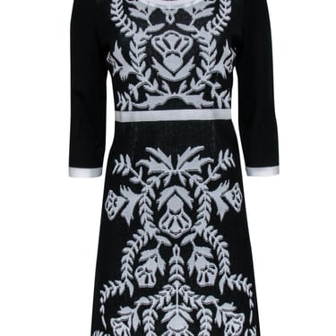 Misook - Black &amp; White Print Long Sleeve Knit Midi Dress Sz S