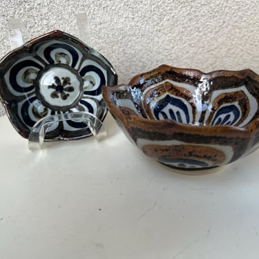 Vintage Ken Edwards Mexican Pottery Small Bowl Set 2 blue browns Tulip Rims. 