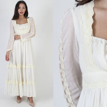 Gunne Sax Cream 70s Renaissance Fair Dirndl Dress / Sheer See Through Lace Sleeves / Embroidered Empire Waist Festival Outfit - Size 9 