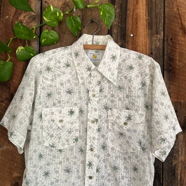 Vintage 70s Floral Print Short Sleeve Button Up Size L 