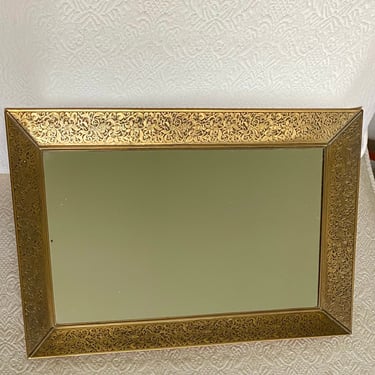 Large 16” Rectangular Shaped Embossed Brass  Scroll Mirrored Vanity Tray~ Make-Up Mirror Antique Dresser Mirror Perfume Tray~ Velvet Backing 