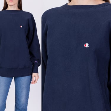 90s Champion Reverse Weave Navy Blue Sweatshirt - Men's Medium, Women's Large | Vintage Distressed Made In USA Unisex Crew Neck Pullover 