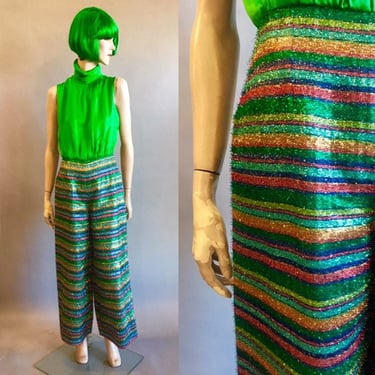 1970s Striped Eyelash Lamé Jumpsuit / Rainbow Jumpsuit / Size Small 