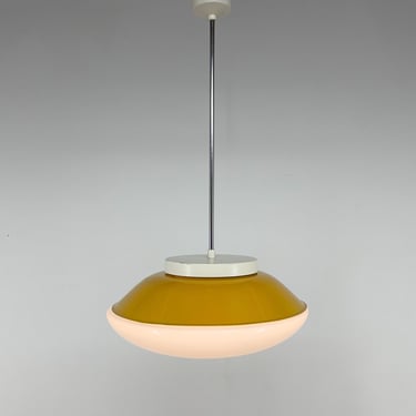 Mid-century Milk Glass & Metal 'UFO' Pendant Czechoslovakia / White and Yellow Colour / Space Age / Vintage Pendant Light 