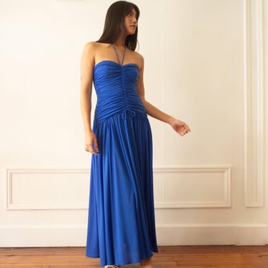 1970s Adele Simpson Blue Jersey Ruched Bodice Gown 