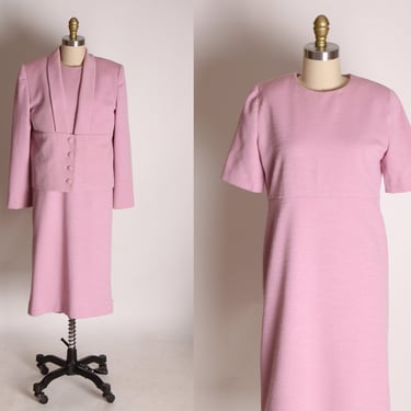 Late 1960s Early 1970s Pink Short Sleeve Shift Dress with Matching Button Down Long Sleeve Blazer Jacket Two Piece Dress Suit -M 