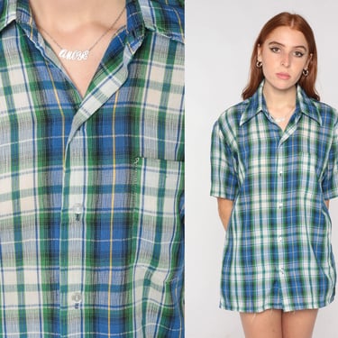 Blue Plaid Shirt 70s Button Up Shirt Green White Pointed Collar Checkered Print Retro Preppy Short Sleeve Vintage 1970s Thin Medium Large 