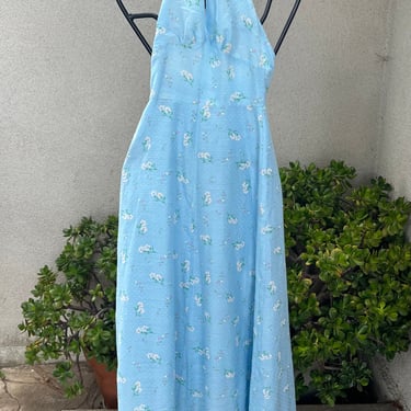 Vintage 70s hippie maxi halter dress light blue floral Swiss dot fabric XS 