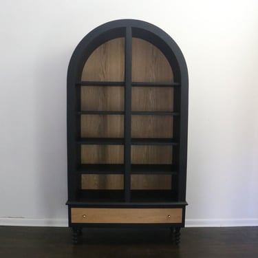SOLD - Modern Black Arched Cabinet with White Oak Backing 
