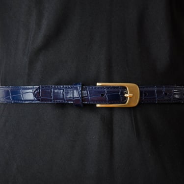 vegan leather belt | 80s 90s vintage navy blue academia style alligator leather belt gold buckle 