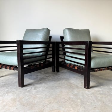 Large - Vintage Century Furniture  Solid Wood & Leather Strapped Seating  Lounge Chairs - A Pair 