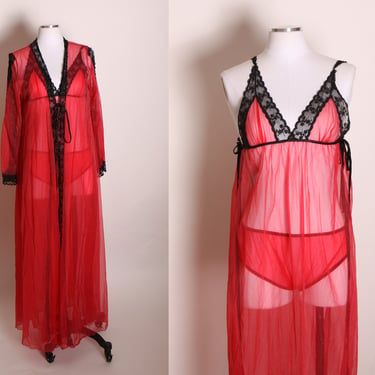 1960s Red and Black Lingerie Open Side Night Gown with Matching Panties and Open Sleeve Robe Lingerie Set -S 