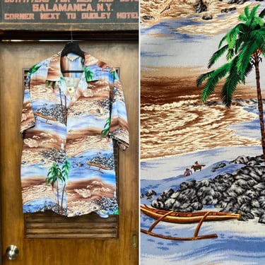 Vintage 1950’s Size XL “Iolani” Label Tropical Island Scene Crepe  Hawaiian Shirt, 50’s Loop Collar, Vintage Clothing 