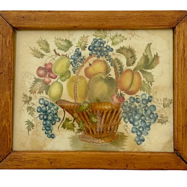 Theorem painting Bowl of fruit Vintage still life stencil art Primitive oil painting on velvet Hand painted Repro of 19th Century Womens Art 