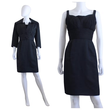 1950s Black Cocktail Dress with Matching Jacket - 1950s Cocktail Suit - 1950s LBD - Vintage Black Cocktail Dress - 50s Dress | Size Small 