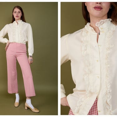 Vintage 1970s 70s Cream Lace Button Up Prairie Long Sleeve Blouse Top 
